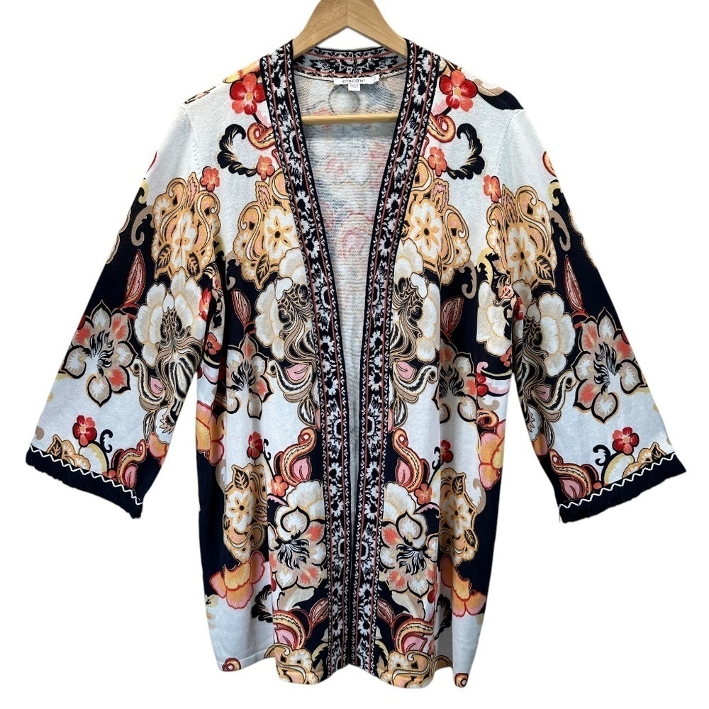 Chicos 2 Linen Blend Floral Fringe Long Cardigan Women's US L Lagenlook Boho
